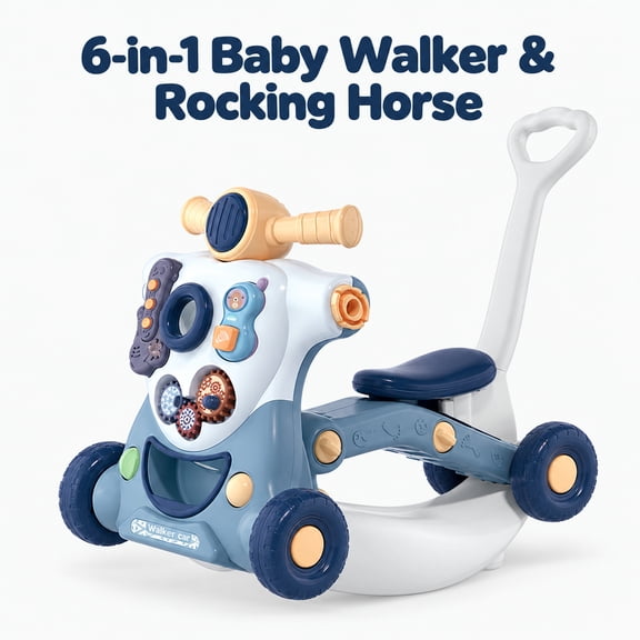 Doulami Baby Walk, 6-in-1 Baby Walker Ride On Toy with Activity Panel, Music, Lights, Push Handle and Rocking Base, Morandi Blue