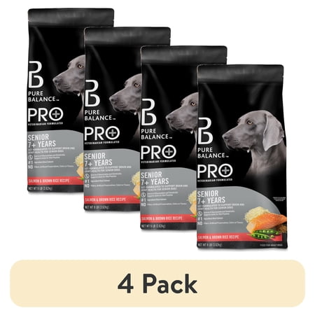 (4 pack) Pure Balance Pro+ Senior Salmon and Brown Rice Recipe Dry Dog Food, 8 lb