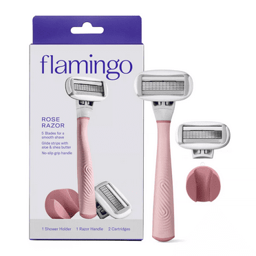 Flamingo Women's Razor Shaving Set with Razor Handle and 5-Blade Razor Cartridges, Rose, 4 Piece
