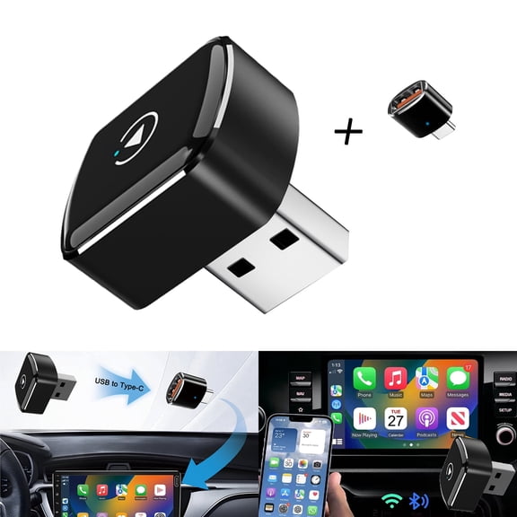 2026 Upgrade Wired CarPlay to Wireless, Wireless CarPlay Adapter for iPhone & Apple Auto, Mini USB Design Car Play Adapter with Type-C Extension, Plug and Play, Plug & Play Dongle, Black