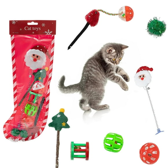 Mumoo Cat Christmas Stocking Cat Toys,6Pcs Christmas Interactive Cat Toys Set for Christmas Cats Gift with Squeaky Toys, Balls, Cat Teaser Toys (Father Christmas 7 PCS)