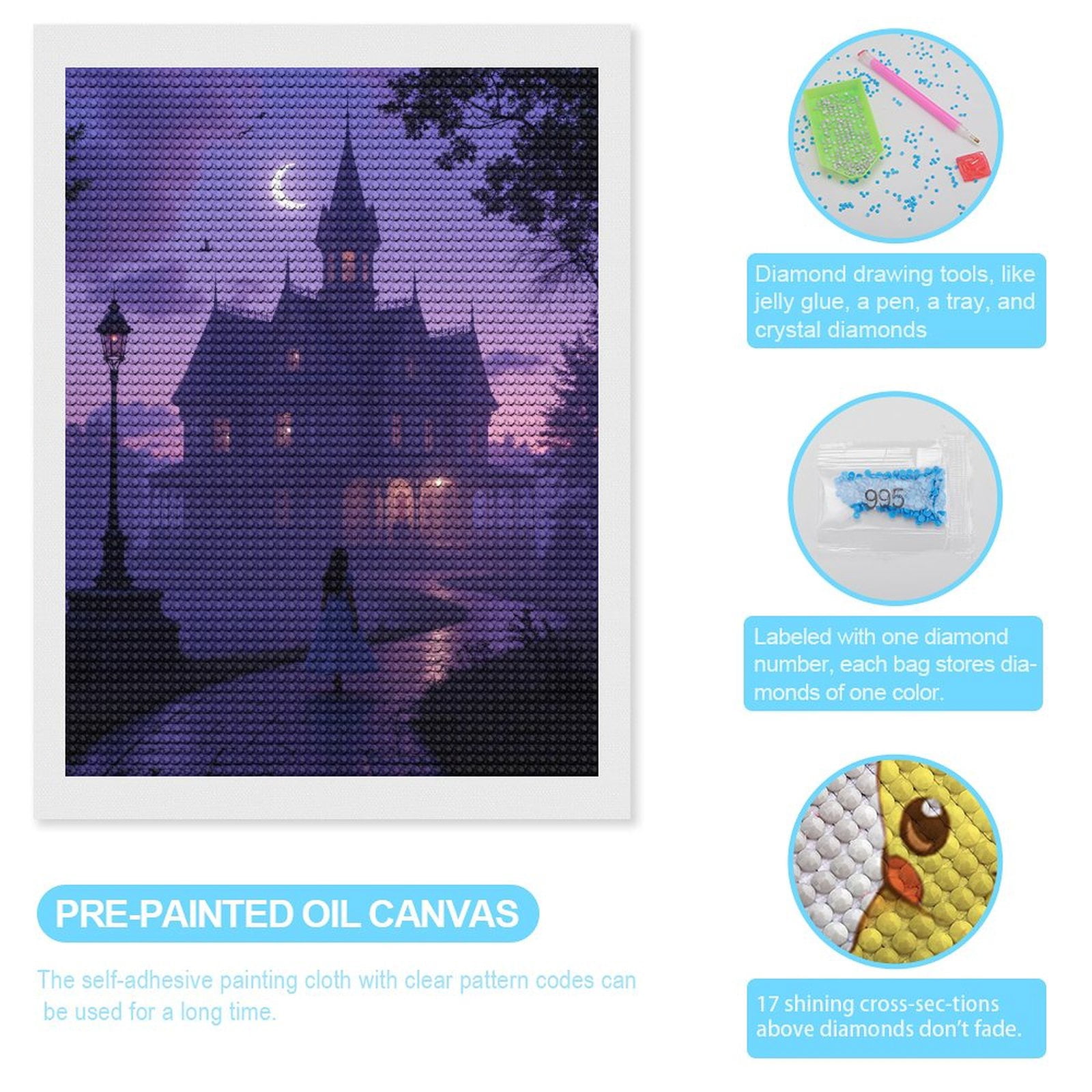 Diamond Art Kits for Adults, Gothic Night Enchanted Mansion Pathway 5D Diamond Painting Kits for Adults Beginners, DIY Full Drill Diamond Painting, Gem Art and Crafts 12x16