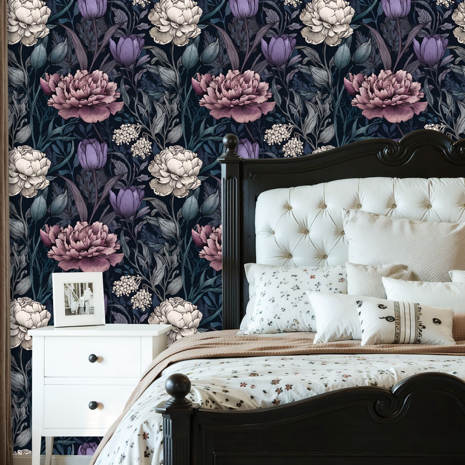 Peel and Stick Wallpaper Vintage Botanical Floral Peonies Tulips Dark Wall Mural 23.6in x 9.8ft Self Adhesive Removable Wall Paper Renter Friendly Wallpaper for Bedroom