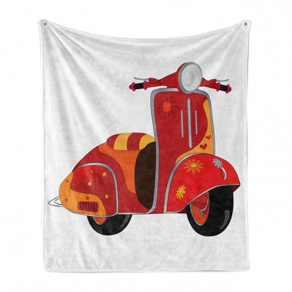 Vintage Soft Flannel Fleece Throw Blanket, Scooter Classical Caricature for Hippies Urban Memories Youth Modern Art Print, Cozy Plush for Indoor and Outdoor Use, 60" x 80", Red Orange, by Ambesonne
