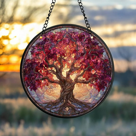 Spiritual Tree of Life Suncatcher | Round Acrylic Stained Glass Window Hanging | Nature Inspired Decor | Yoga Meditation Room Ornament