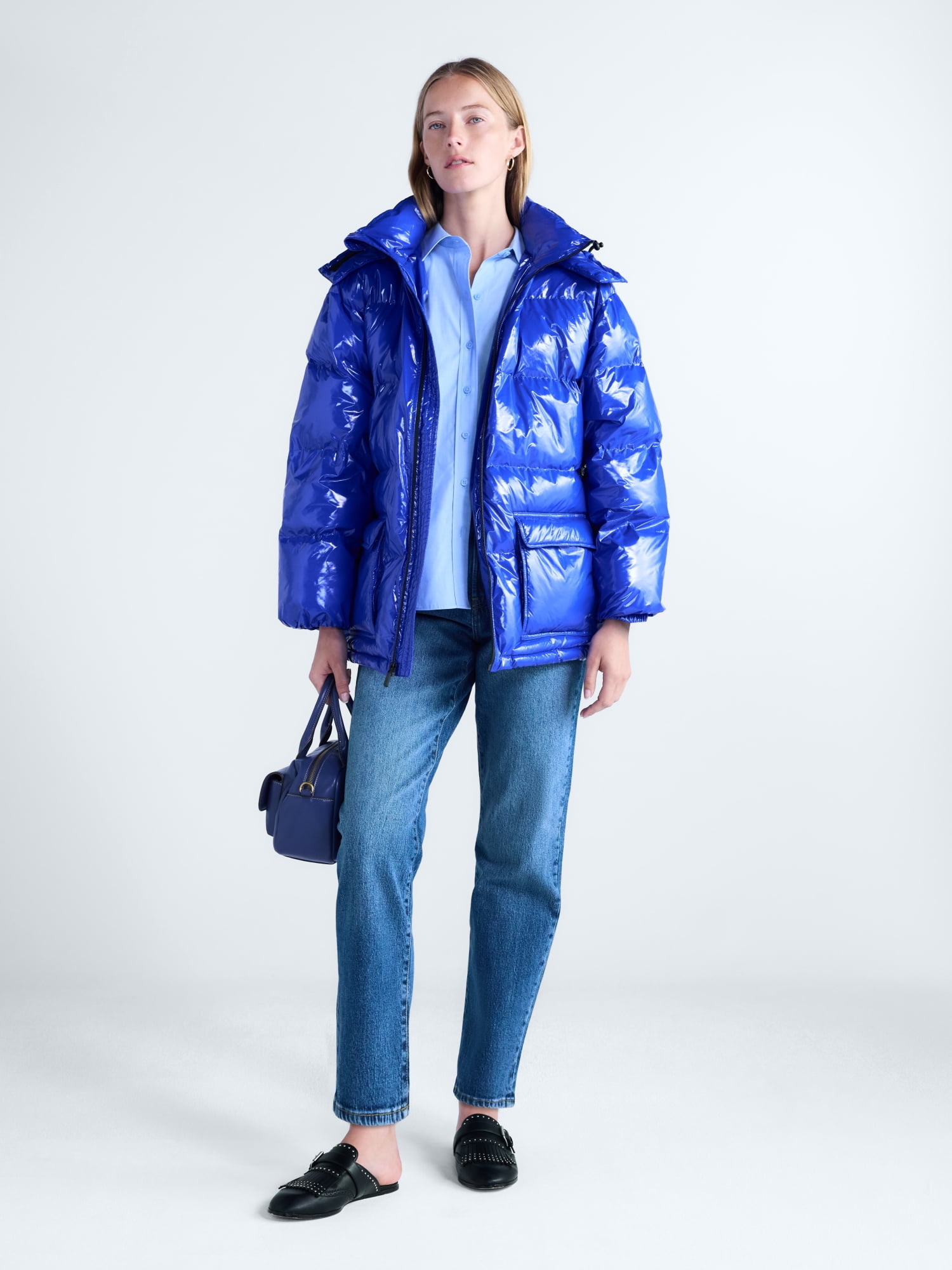Free Assembly Women's High Gloss Puffer Parka Jacket with Hood, Sizes XXS-XXL