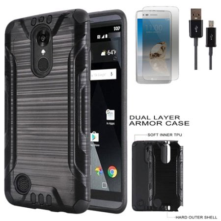 Phone Case forAT&T PREPAID LG Phoenix 4, Tracfone LG Rebel 4 Case, Straight Talk Rebel 3, Aristo 2 Plus Shockproof Cover Screen Protector USB Cable (Combat Brush Black-Black TPU / USB /