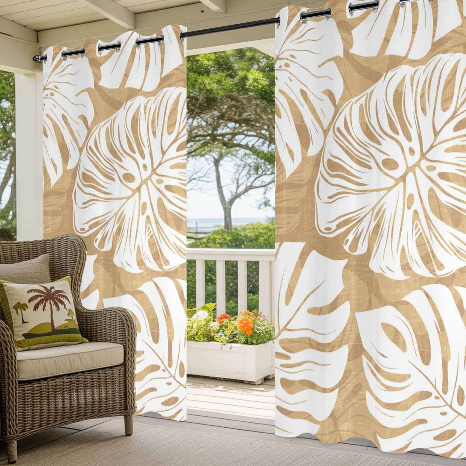 Brown Leaf Outdoor Curtains for Patio, Tropical Country Watercolor Jungle Botanical Leaves Sunshade Privacy Drapes Grommet Waterproof Outside Curtains for Porch/Cabana/Balcony 54"x 108", 1 Panel