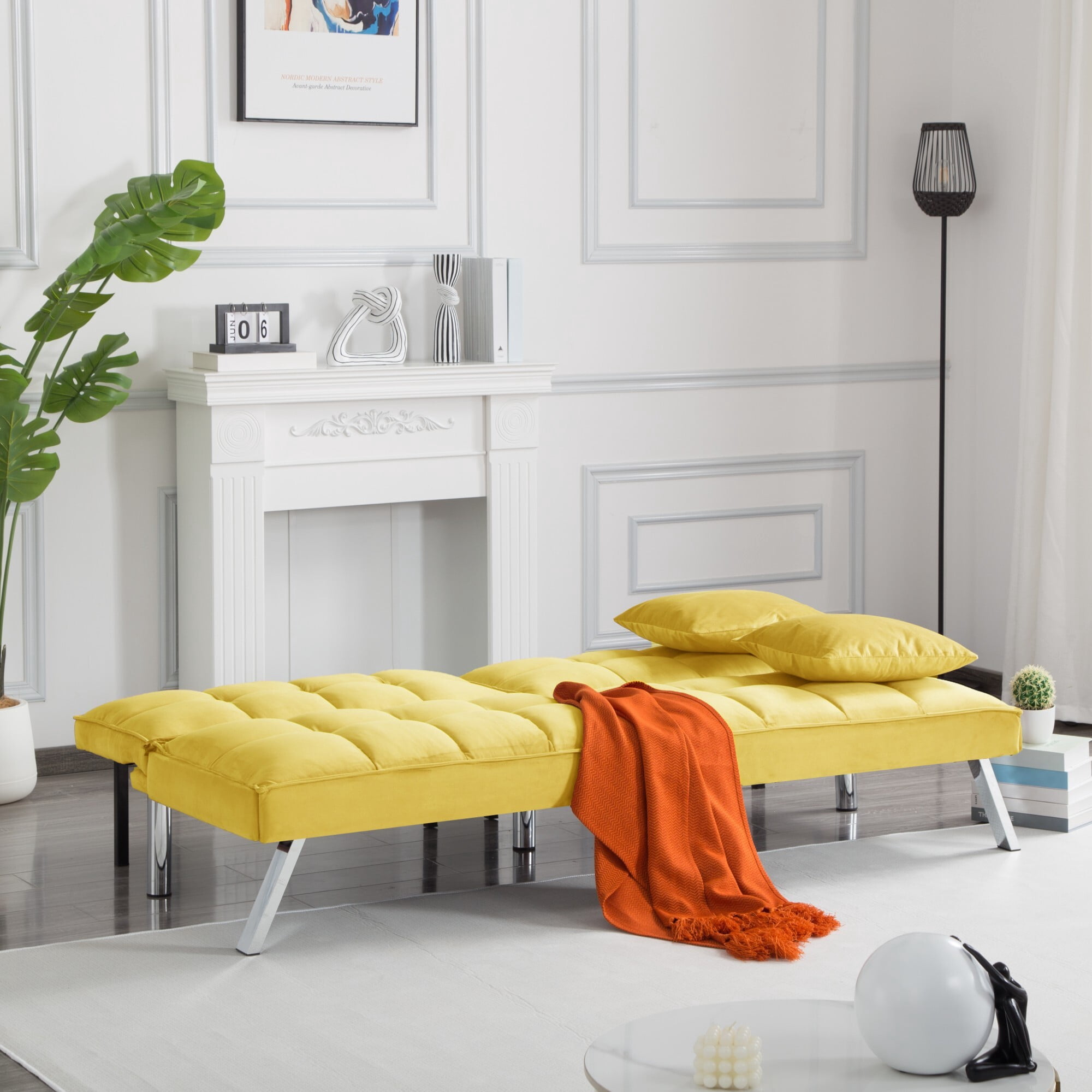 DEALTOPS 73" Convertible Futon Sofa Bed, 5-Angle Split-Back Sleeper with 2 Pillows for Small Spaces, Bright Yellow