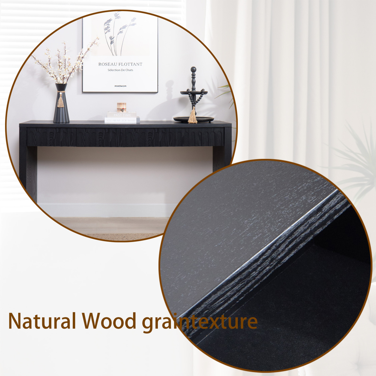 Hassch Modern 59.2" Console Table with Carved Drawer Fronts, Engineered Wood Hallway, Sofa, or Accent Table, Narrow Design for Small Spaces, Black/Natural