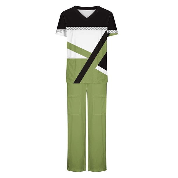 Camisetas de Manga Larga Mujeres Imprimir Manga Corta V-Cuello Superior Y Pantalones Largos Traje de Trabajo Conjunto, Nylon para Primavera Verano Casual