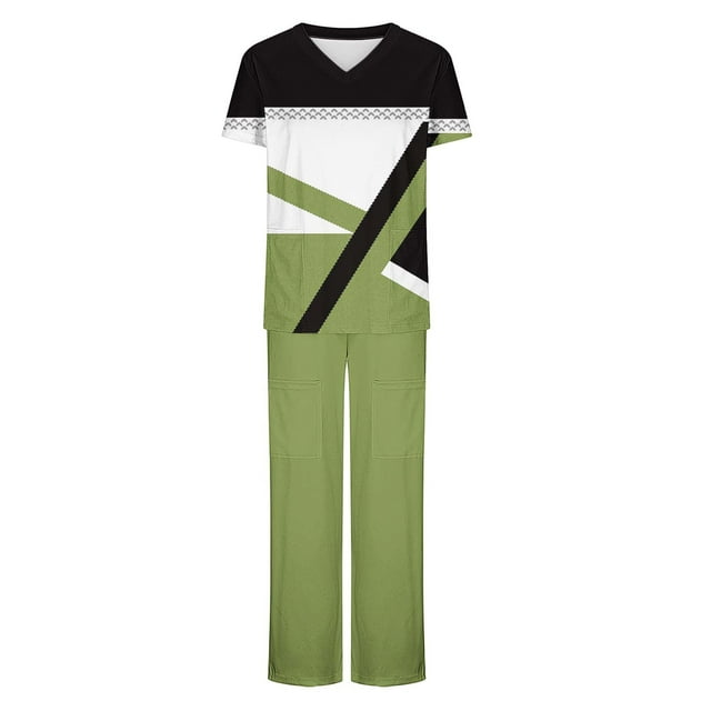 Camisetas de Manga Larga Mujeres Imprimir Manga Corta V-Cuello Superior Y Pantalones Largos Traje de Trabajo Conjunto, Nylon para Primavera Verano Casual
