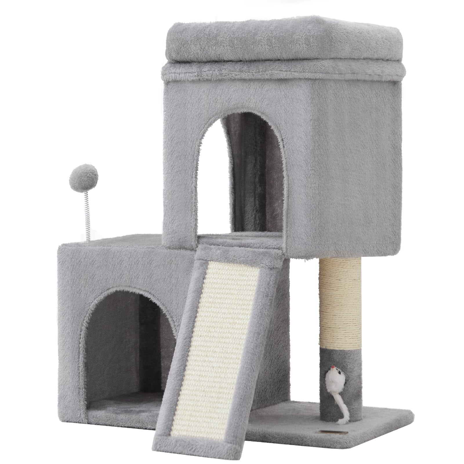 24inch Tall Cat Tree With 2 Condo And Mouse Cozy Small Tower Board For Kitties Cats.(light Grey) (22 * 13 28)