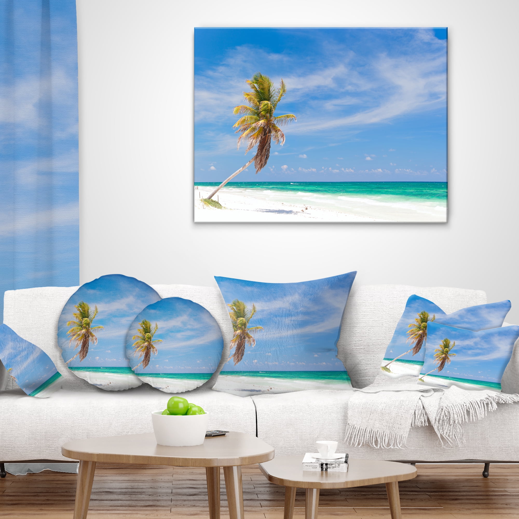 Designart Solitary Coconut Palm at Beach - Seashore Photo Throw Pillow - 18x18
