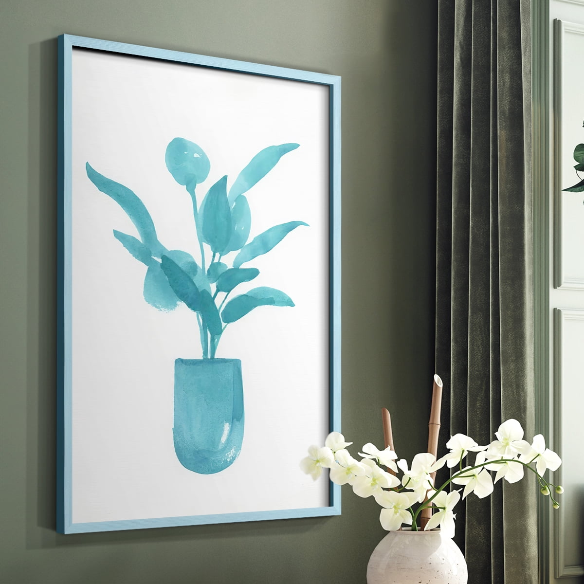 Watercolor House Plant VI Framed Print in Blue Solid Wood 8 x 10 Framed Print