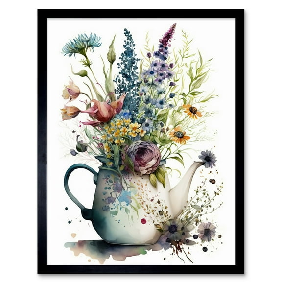 Spring Wildflower Floral Bouquet in a Teapot Vase Art Print Framed Poster Wall Decor 12x16 inch