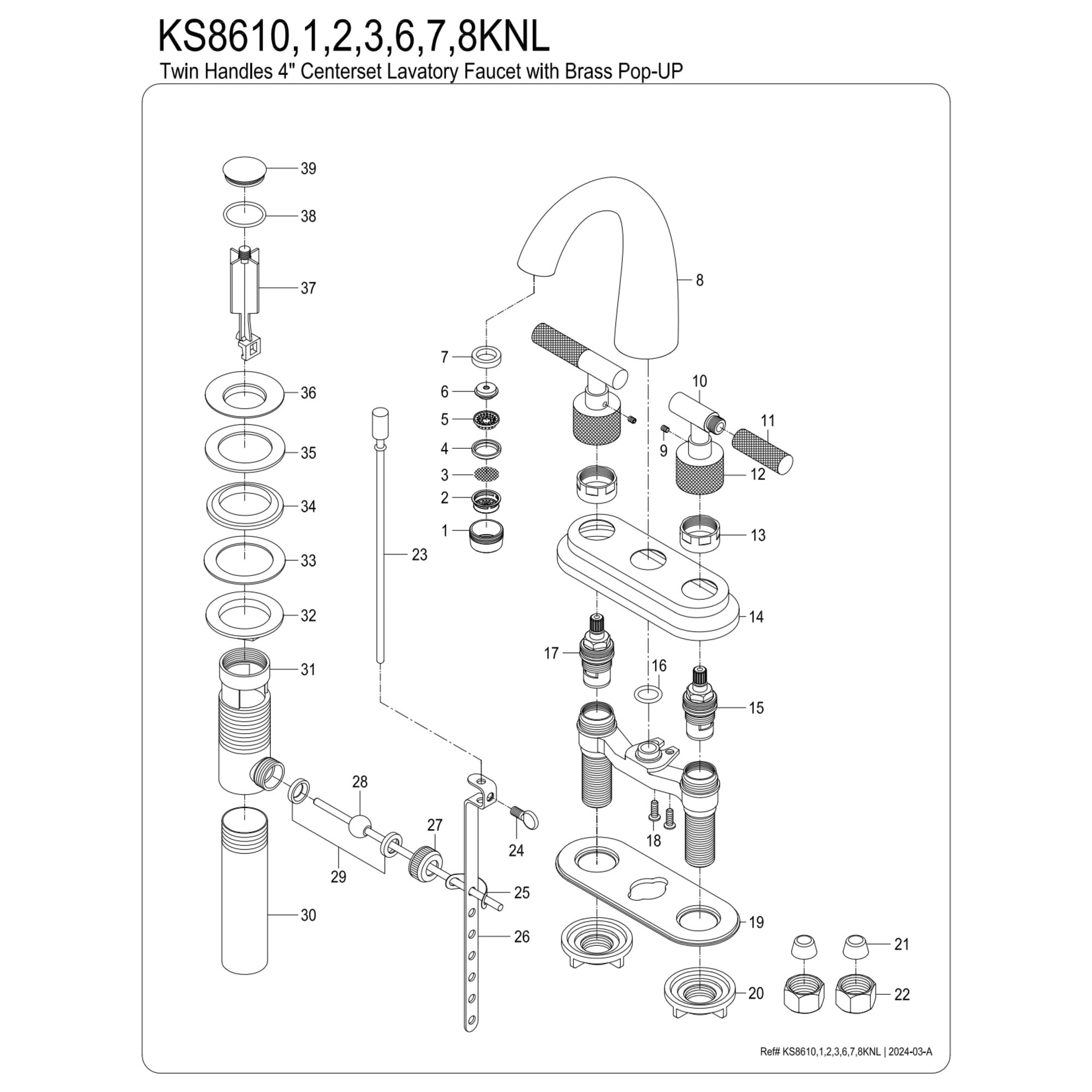 Kingston Brass KS8618KNL Knurled Double-Handle 3-Hole Deck Mount 4-Inch Centerset Bathroom Faucet with Brass Pop-Up in Brushed Nickel