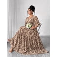 thumbnail image 7 of Coffee Brown Floral Print V-Neck Maxi Dress With Tiered Skirt, Side Slit And 3/4 Sleeves For Women, 7 of 7