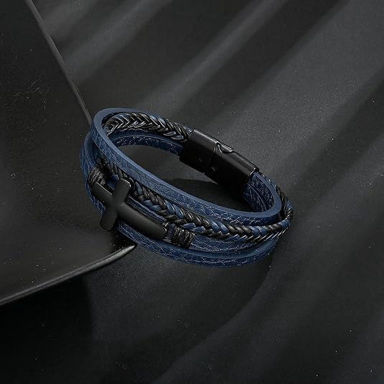 Mens Leather Cross Bracelet Multi-Layer Braided Faith Cross