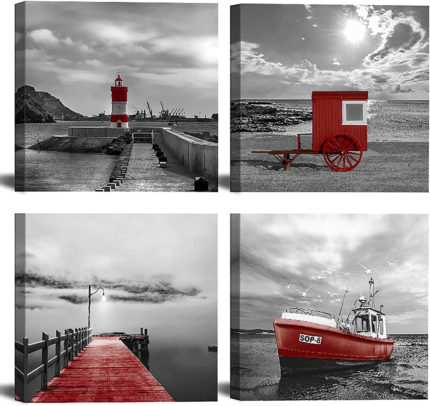 Black and White Decor Beach Wall Art Seascape Red Lighthouse Boardwalk Boat Ocean  Coastal Sunrise Wall Picture Sea Painting Canvas Prints Panels for Living  Room Bedroom Bathroom Wall Decor Framed