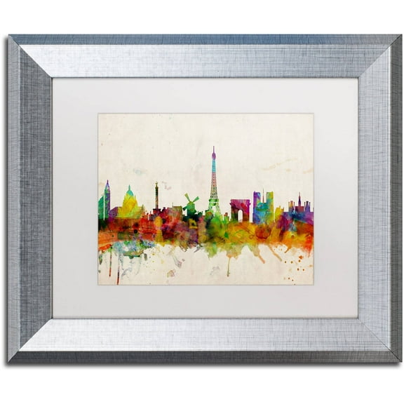 Trademark Fine Art "Paris Skyline" Canvas Art by Michael Tompsett White Matte, Silver Frame
