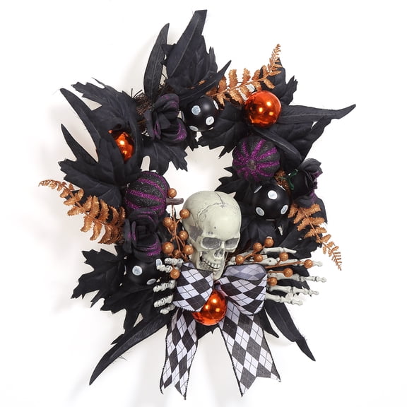 20 in Halloween Wreath for Front Door.Rattan Base Artificial Wreath with  Skeleton Hands.Black Maple Leaves.Pumpkin Ornaments.Buffalo Plaid Bow.Spooky Halloween Party Wall Window Decor