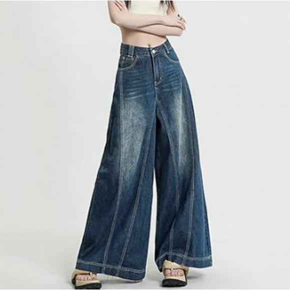 Bmisegm Women's Baggy Skinny Skinny Jeans with Wide Legs and High Waists Y2K Jeans for Women Blue L