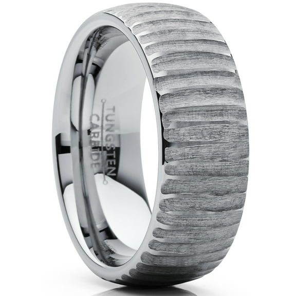 Men's Tungsten Carbide Dome Wedding Band Engagement Ring Chieseled Tree Bark Textured Design 9