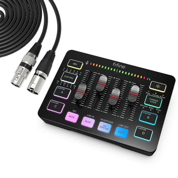 FIFINE SC3 Gaming Audio Mixer, 4 Channels Audio Interface with XLR/6.35mm/3.5mm Inputs, RGB Streaming Sound Card with Monitor, 48V Power, Mute Button