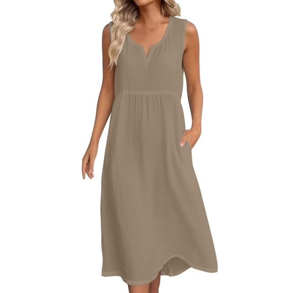 Ecqkame Women's Linen Dresses Summer Sleeveless V-Neck Lightweight Long Dress Casual Flowy Beach Dresses with Pockets Khaki XXL