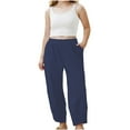 thumbnail image 5 of MKOSPLRT Linen Wide Leg Pants for Girl Elastic Waist Baggy Harem Pants Solid Color Lounge Copped Pants Lightweight Vacation Pants with Pocket, 5 of 9