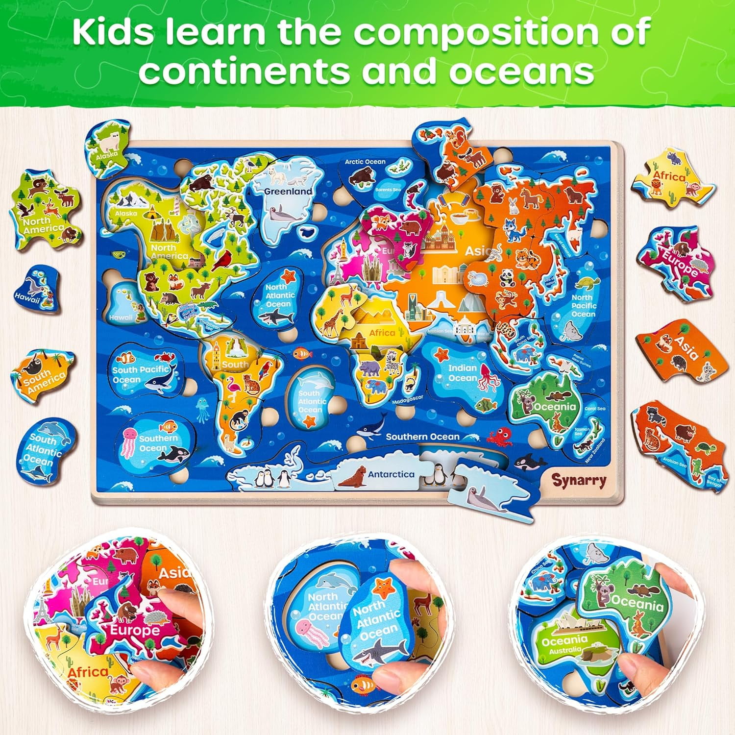 SYNARRY Large Wooden USA & World Map Puzzles, Educational Jigsaw Puzzle Set, Learning United States World Maps Puzles for Kids
