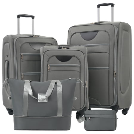 EUROCO Luggage Set 5 Piece, Lightweight Durable Suitcase Sets with 2 Duffel Bags, Upright Spinner Wheels and TSA Lock, Softside Expandable Travel Laggage(20"/24"/28"), Grey