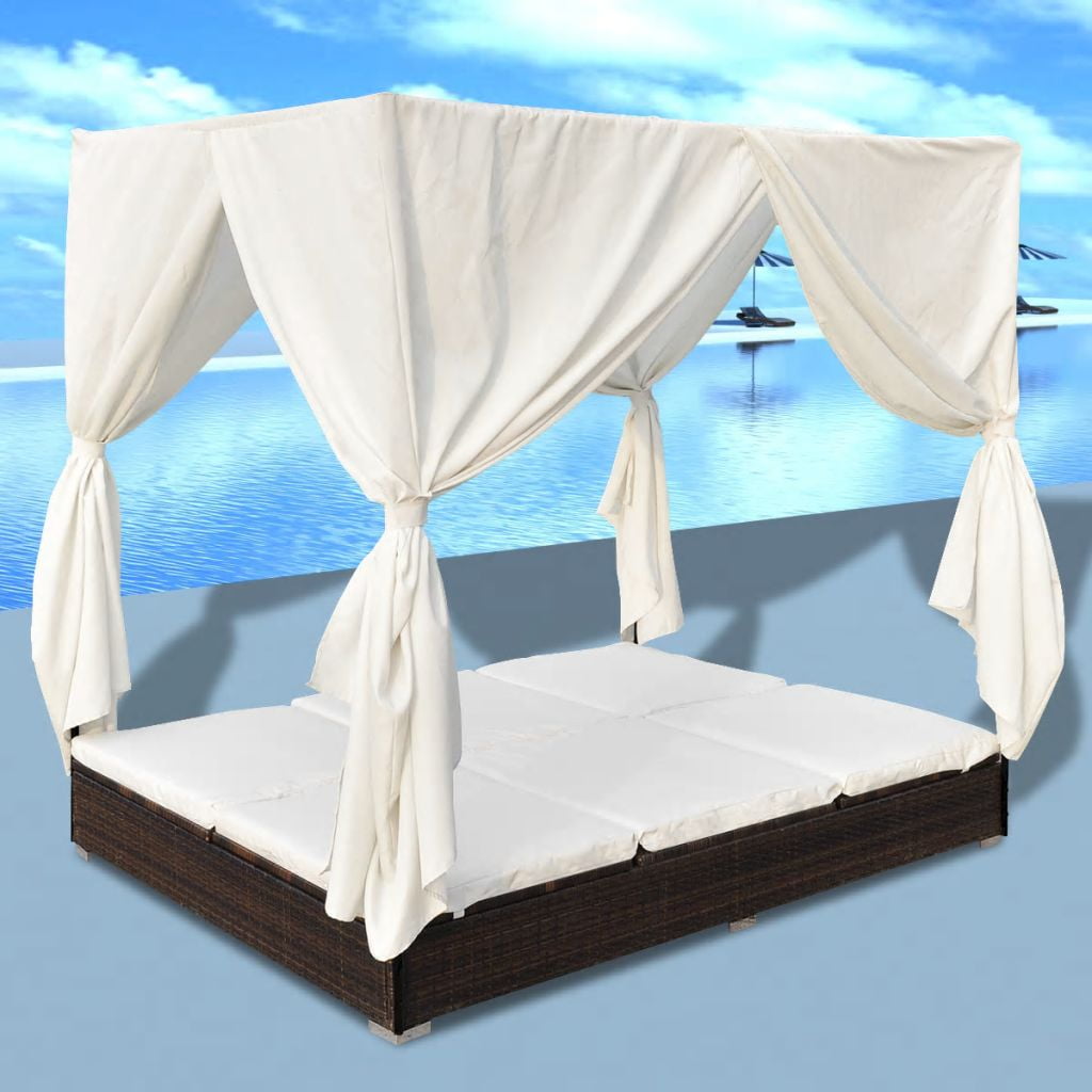Kepooman Lounge Bed with Curtains and Washable Cushions for Garden Patio, Brown Kepooman Lounge Bed with Curtains and Washable Cushions for Garden Patio, Brown