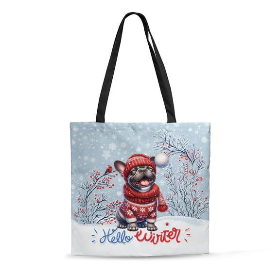 Hello Winter French Bulldog Smiling in Red Scarf Hat Welcome Christmas All Over Print 3D Canvas Tote Bag Dog Lover Gifts Reusable Handbag - 00017