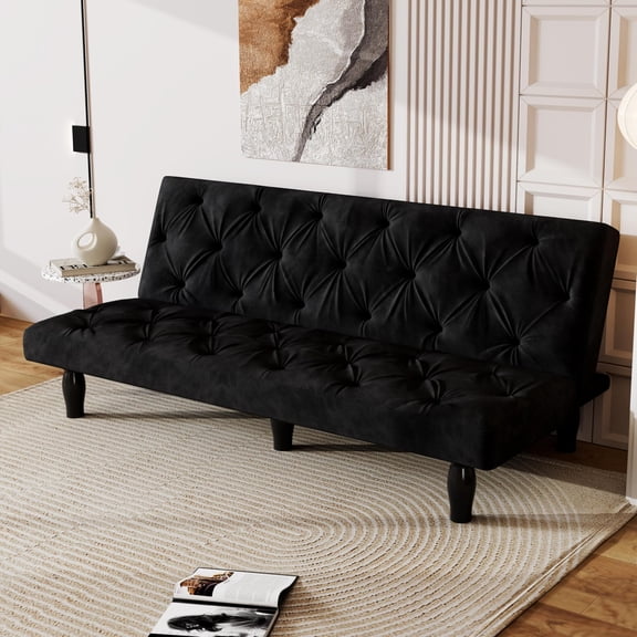 CARZZI Modern Convertible Futon Sofa Bed, Adjustable Loveseat Futon Couch with Metal Legs, Upholstered Sofa Bed with Wood Frame, Sleeper Couches for Small Compact Living Room,Office (Black-Velvet)