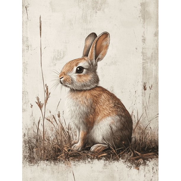 Qisvanset 12x16 Inch Antique Rabbit Sketch Canvas Wall Art, Woodland Vintage Animal Nursery Home Wall Decor