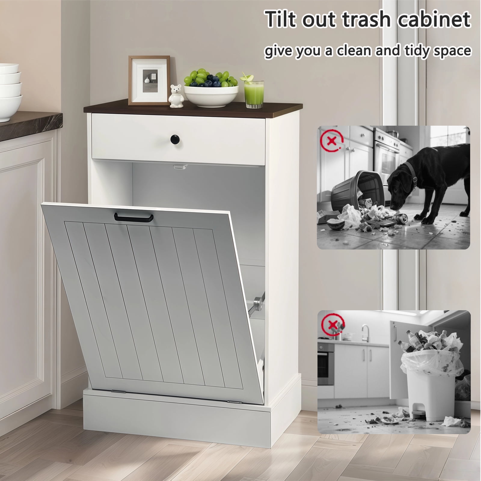 TrumanPick Single Tilt Out Trash Can Cabinet, 10 Gallon Hidden Garbage Bin Holder with Drawer, Free Standing Wooden Laundry Hamper, White Farmhouse Kitchen Trash Can