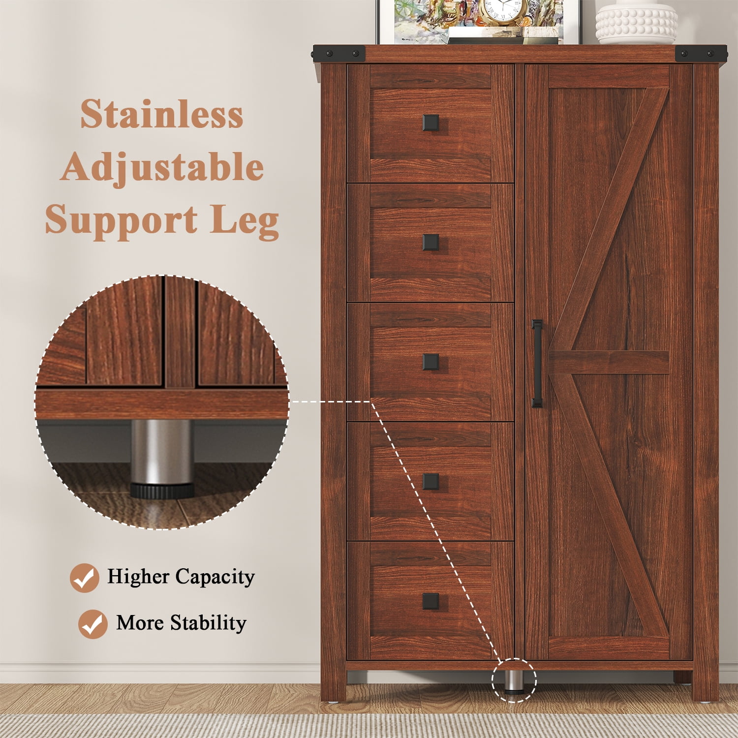 Frmobepts Farmhouse 5 Drawer Dresser with Barn Door, Adjustable Storage Cabinet for Bedroom Living Room, Brown
