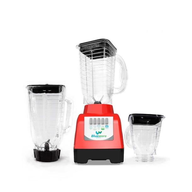 Licuadora Blueware 400W 3 Vasos 1.2L Vidrio + 1.2L y 750ml Plástico 2 Velocidades con Pulso Rojo