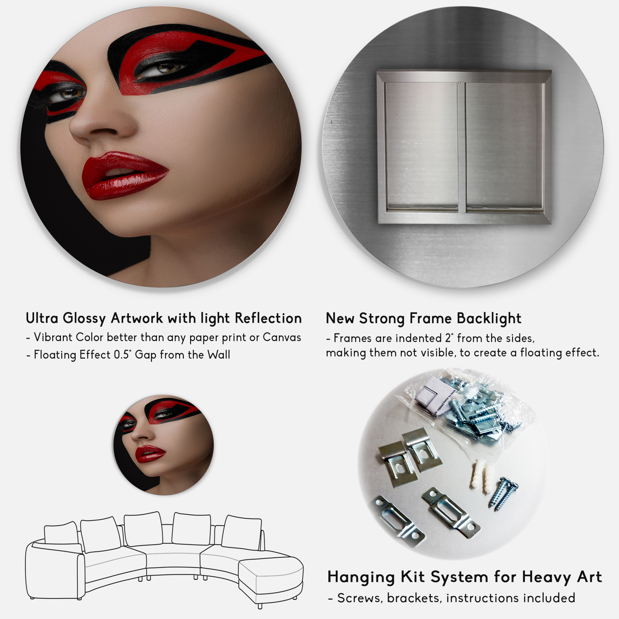 Designart 'Red Lips Black Makeup On The Eyes of Mask Girl' Modern Circle Metal Wall Art 36x36 - Disc of 36