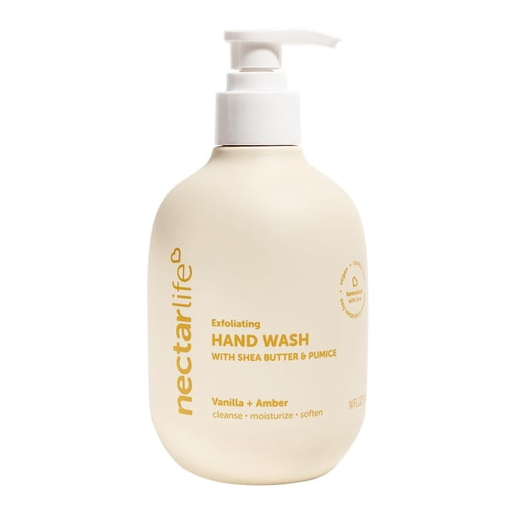 Nectar Life Jabón de manos exfoliante e hidratante de 14 oz con piedra pómez volcánica, aceite de jojoba y manteca de karité (ámbar vainilla)