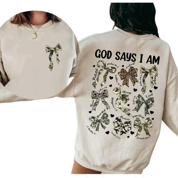 God Said I Am Sweatshirt – Double-Sided Camo Coquette Pullover, Religious Bow Sweater, Trendy Mama Christian Girl Gift