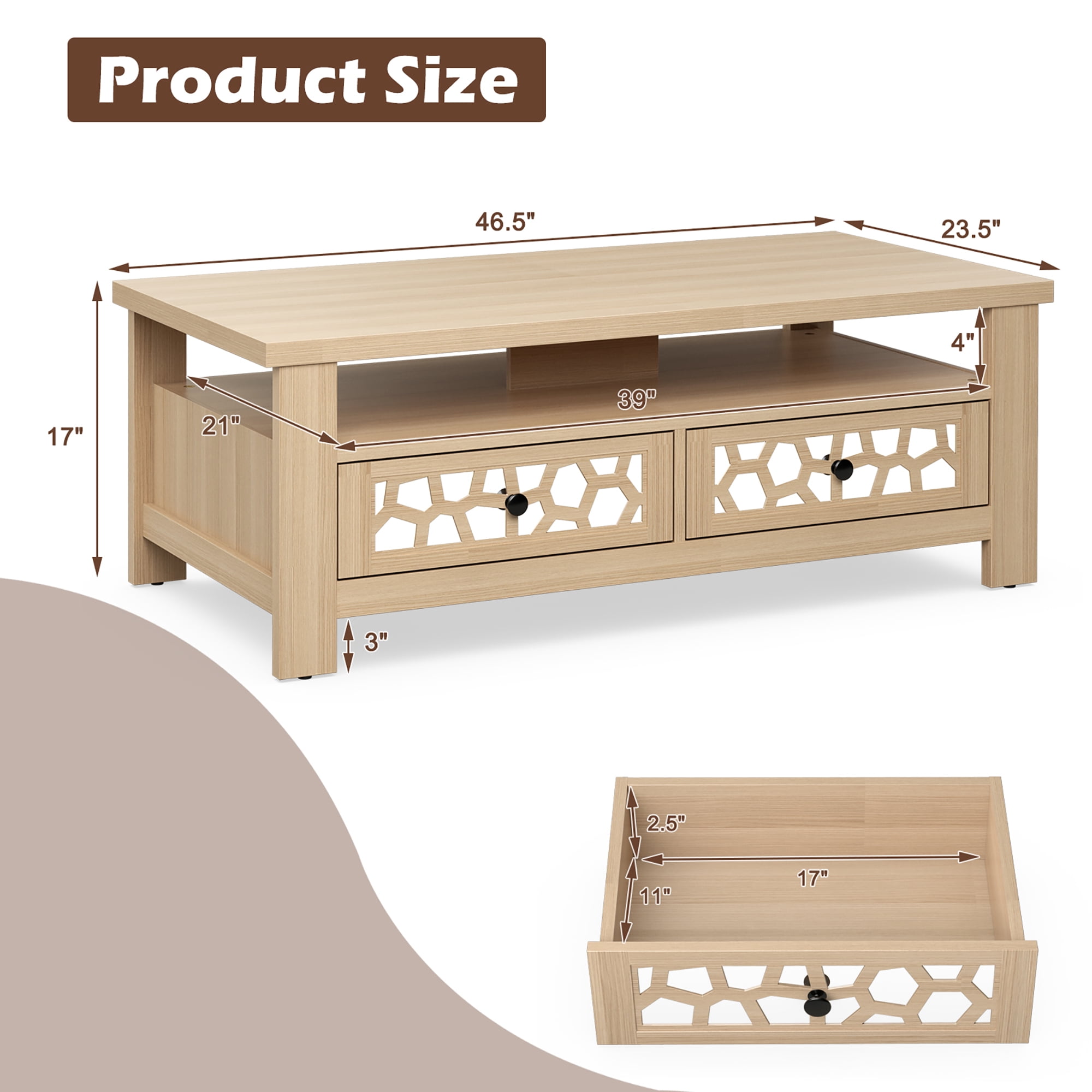 Costway Coffee Table with2 Drawers & Open Shelf Modern Rectangular Wood Living Room Table Natural
