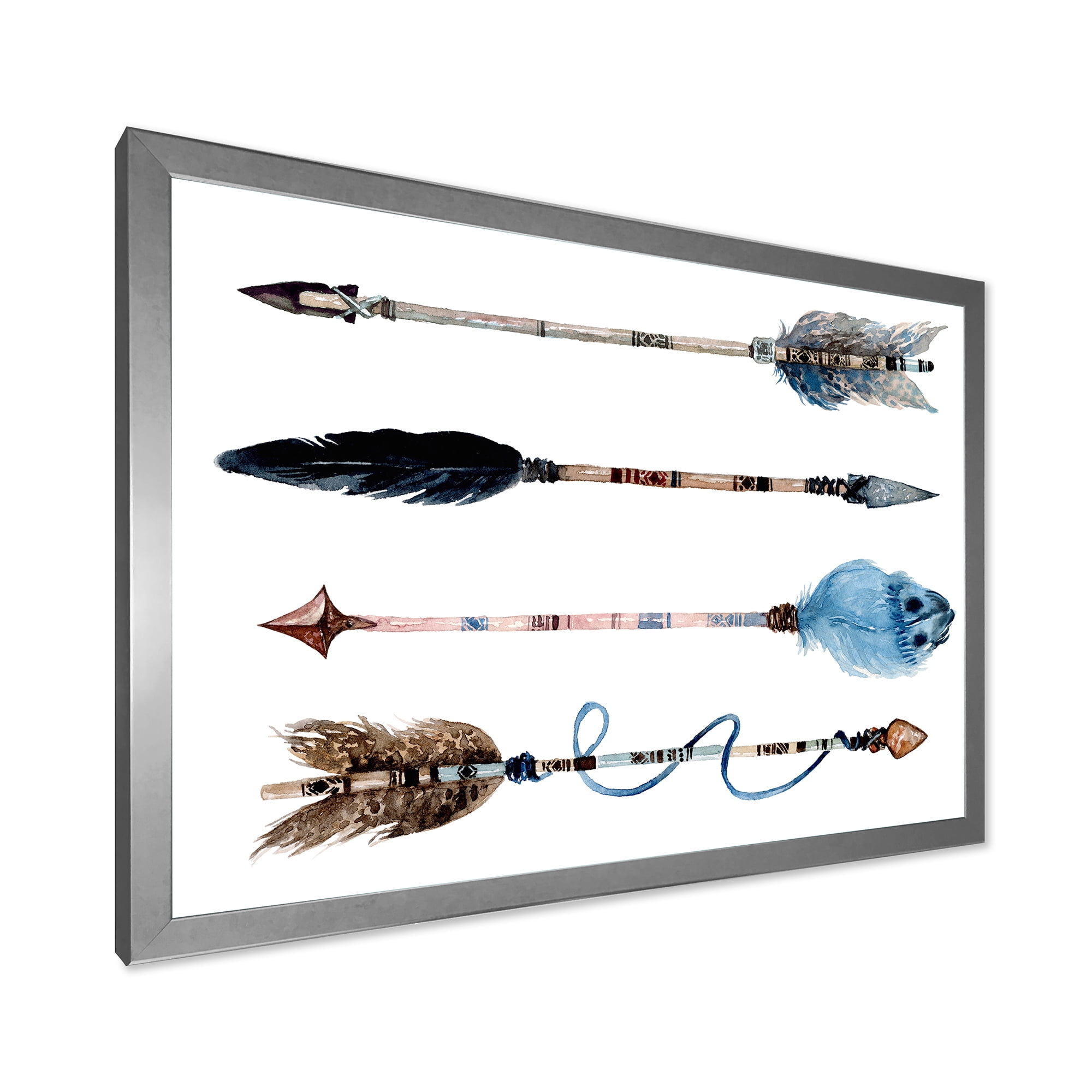 Designart 'Flowers and Ethnic Feathers On Native Arrows IV' Bohemian & Eclectic Framed Art Print