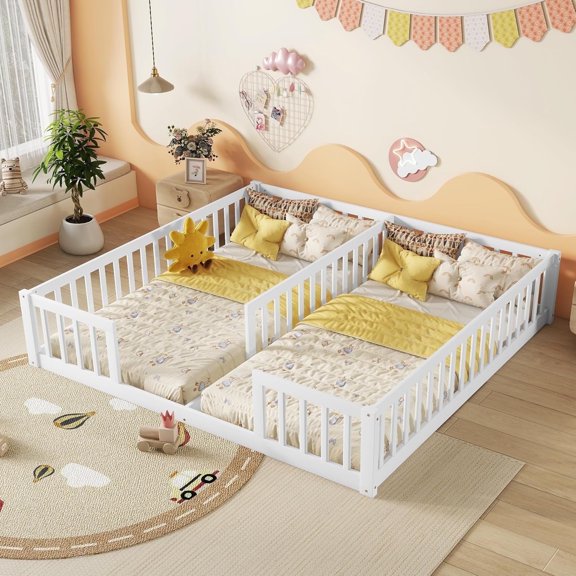Kumix Double Floor Bed with Fence Guardrails, Wood Double Twin Floor Beds for Twins, Floor Bed for 1-3, Two Shared Beds, Floor Bed, Easy Assembly, White