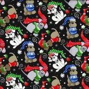 44 x 36 Christmas Dogs Puppies on Black Fabric Traditions 100% Cotton