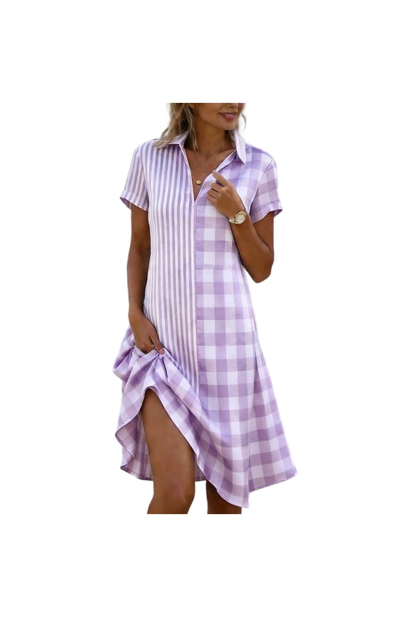 Women Dresses Checkered Patchwork Dress Summer Casual Loose-Fit Midi Dress