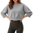 thumbnail image 5 of Naotn Women Cropped Sweatshirts Fall Trendy Crew Neck 3/4 Raglan Sleeve Solid Loose Casual Workout Pullover Tops, 5 of 8