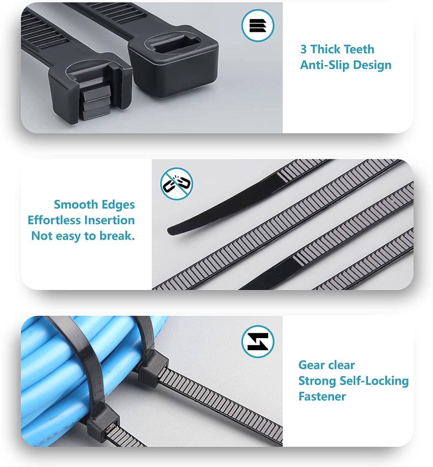 Zip Ties Assorted Sizes(4”+6”+8”+12”), 2000 Pack, Black Cable Ties, UV Resistant Wire Ties by